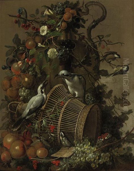 Two Loggerhead Shrikes On A Reed Cage, Apples, Peaches, Grapes, Pears, Red Berries And Cherries Together With Flowers Hanging From A Vase Oil Painting by Jacobus Vonck