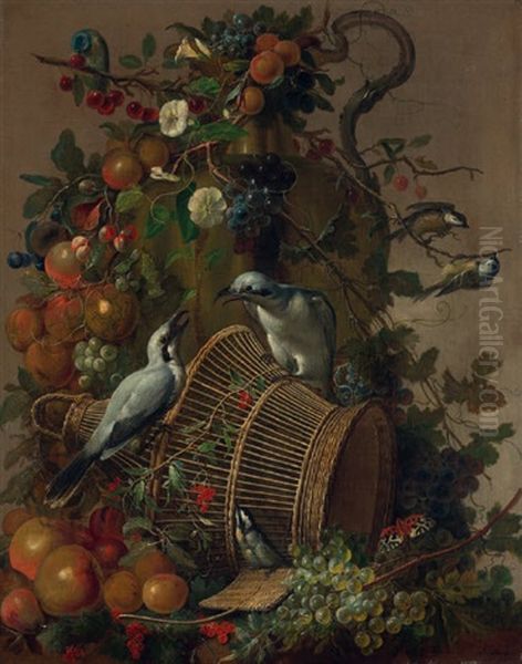 Stilleben Mit Vogeln, Blumen, Fruchten Und Schmetterling Oil Painting by Jacobus Vonck