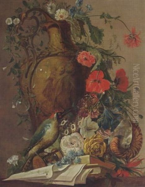 A Still Life With Roses And Other Flowers In A Sculpted Stone Vase, Together With A Green Woodpecker, A Nautilus Shell, Bubbles, Books And Papers by Jacobus Vonck