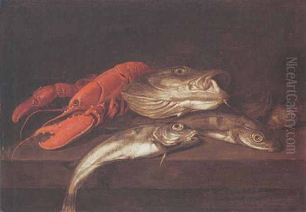 A Still Life Of A Lobster, A Cod And Other Fish, All On A Wooden Ledge Oil Painting by Jacobus Vonck