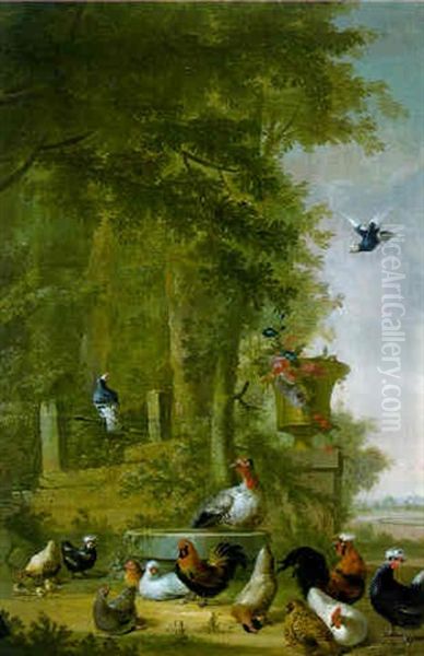 Bird And Fowl Outside A Barn Oil Painting by Jacobus Vonck