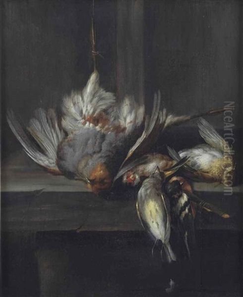 Various Birds On A Stone Ledge Oil Painting by Jan Vonck