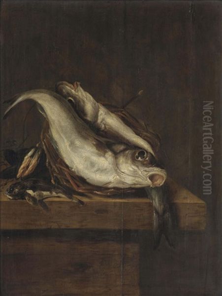 A Haddock, A Gurnard And Mussels In A Twig Basket On A Wooden Ledge Oil Painting by Jan Vonck