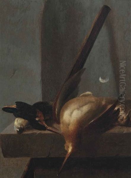 A Woodcock, A Kingfisher, A Thrush And A Greattit On A Stone Ledge Oil Painting by Jan Vonck