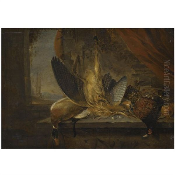 A Still Life Of Game With A Mallard Drake, A Bittern And A Cock Pheasant On A Stone Ledge, A Coastal View Beyond Oil Painting by Jan Vonck