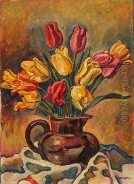 Blumenstraus Mit Roten Und Gelben Tulpen In Tonkrug Oil Painting by Louis Joseph Vonlanthen