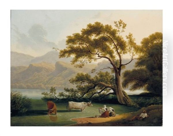 Vue Du Lac De Nemi Avec Des Figures Et Un Troupeau Oil Painting by Hendrik Voogd