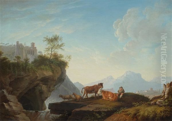 Flute-playing Shepherd With Cattle In A Landscape Oil Painting by Hendrik Voogd