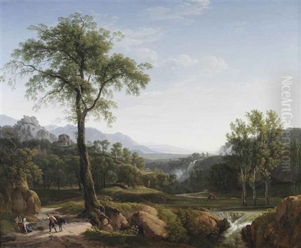 An Italianate Landscape With Travellers Resting In The Shade Of A Tree, A View Of Tivoli In The Background Oil Painting by Hendrik Voogd