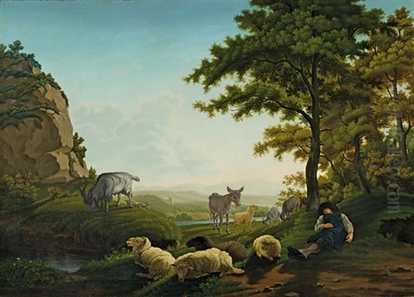 Hirte Mit Seiner Schafherde Bei Der Mittagsrast Oil Painting by Hendrik Voogd