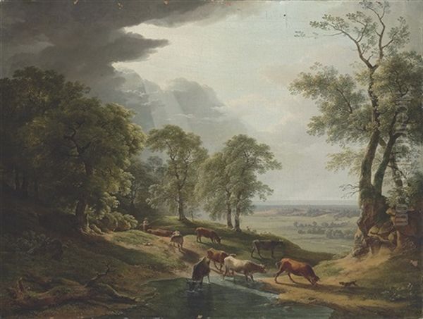 An Extensive Wooded, River Landscape, With Cattle Watering In The Foreground Oil Painting by Hendrik Voogd