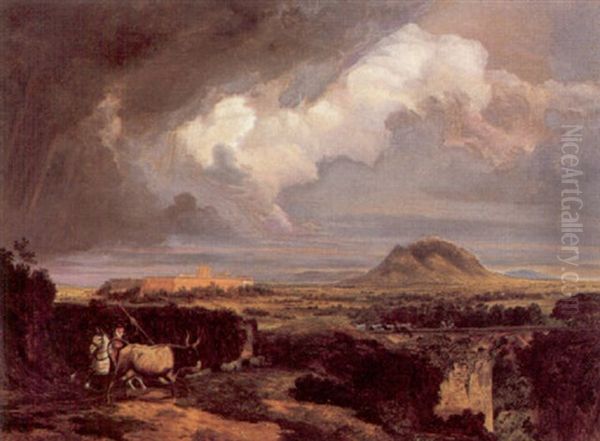 A Stormy Landscape With Herdsmen And Their Cattle By A Path And On A Ruined Bridge Oil Painting by Hendrik Voogd