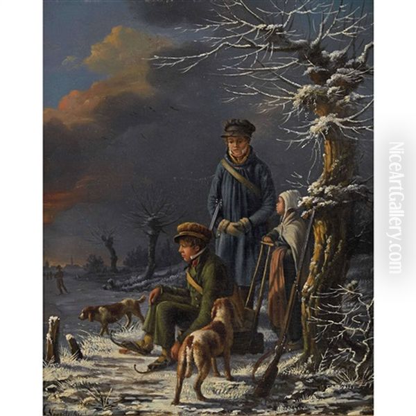 Winterlandschaft Mit Kindern Am Zugefrorenen Fluss Oil Painting by Henri Voordecker