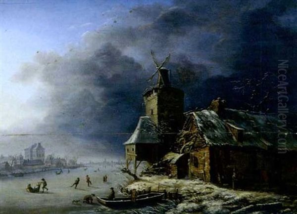 Paysage D'hiver Au Moulin Oil Painting by Henri Voordecker