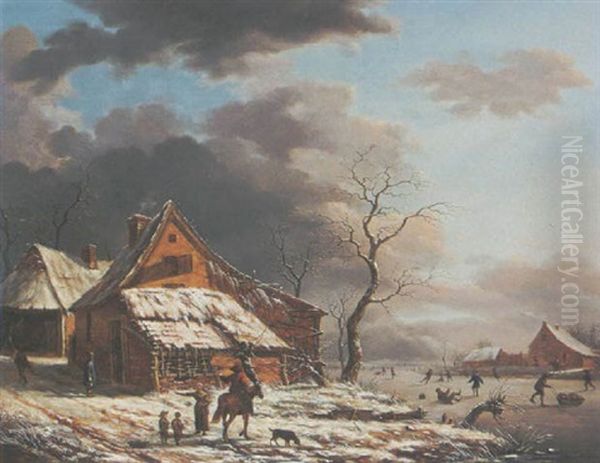 A Winter Landscape With Figures By A Farm Oil Painting by Henri Voordecker