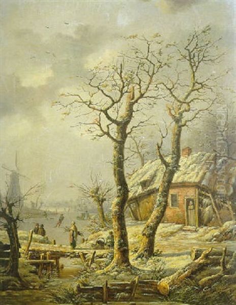 Paysage De Neige A La Riviere Gelee Animee De Patineurs Oil Painting by Henri Voordecker