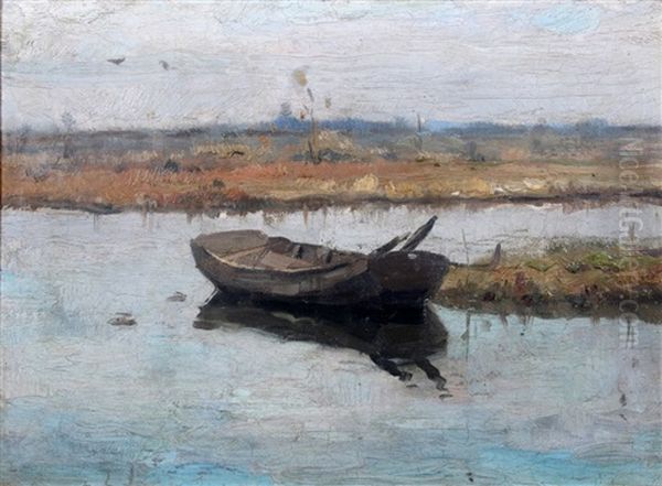 Bootje In De Polder. Verso Inscriptie Awv Voorden Oostmaaslaan Oil Painting by August Willem van Voorden