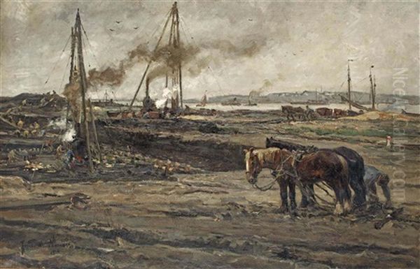 Construction Work In The Rotterdam Harbour Oil Painting by August Willem van Voorden