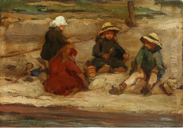 Children Making Sandcastles Oil Painting by August Willem van Voorden