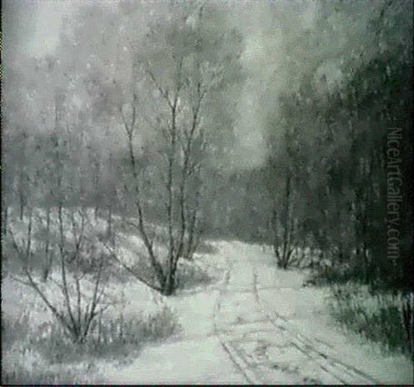 Sled Tracks Cutting Through A Snowy Woodland Path Oil Painting by Clark Greenwood Voorhees