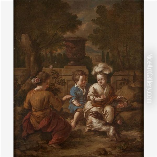 Elegant Children With Dog In A Landscape Oil Painting by Johannes Voorhout the Elder