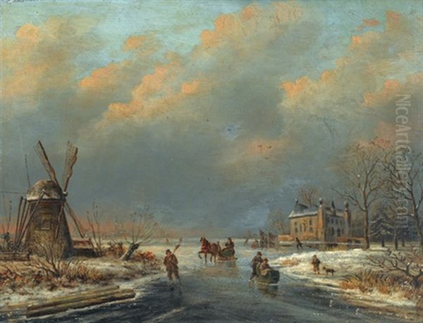 Winterliche Flusslandschaft Mit Windmuhle Oil Painting by Sebastiaan Theodorus Voorn-Boers