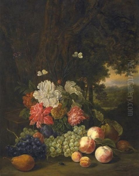 Stilleben Mit Rosen, Herbstfruchten Sowie Schmetterlingen Und Einem Kafer, Vor Landschaftshintergrund Oil Painting by Sebastiaan Theodorus Voorn-Boers