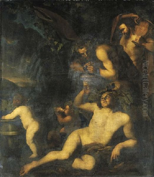 Bacchus Drinking In The Company Of Two Satyrs And Two Putti Oil Painting by Dirck Voorst