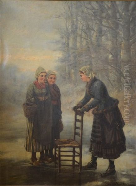 Les Patineuses Oil Painting by Herman J. Van Der Voort In De Betouw