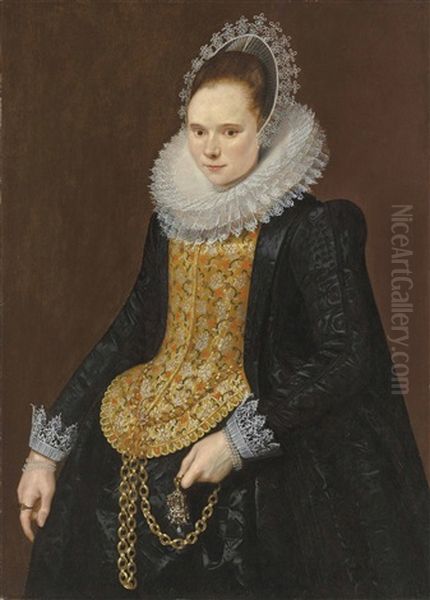 Portrait Of A Lady, Three-quarter-length, In A Black Vlieger Brocade Gown, With An Elongated Embroidered Stomacher And Embroidered Mill Ruff, Holding A Chain Oil Painting by Cornelis van der Voort