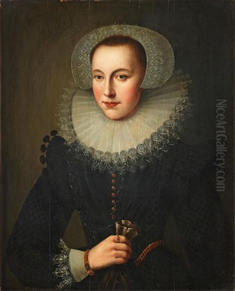 Portrait Of A Lady, Half-length, In A Black Dress And A White Lace Ruff, Holding A Pair Of Gloves Oil Painting by Cornelis van der Voort