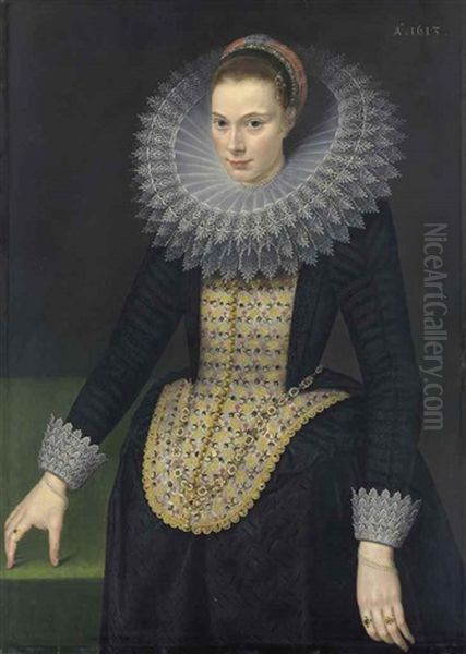 Portrait Of A Lady, Three-quarter-length, In A Black Vlieger Brocade Gown, With An Elongated Embroidered Stomacher, Lace-trimmed Cuffs And A Cartwheel Ruff Trimmed With Reticella Lace Oil Painting by Cornelis van der Voort