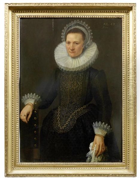 Portrait Of A Lady, Half-length, In A Black Embroidered Dress Oil Painting by Cornelis van der Voort