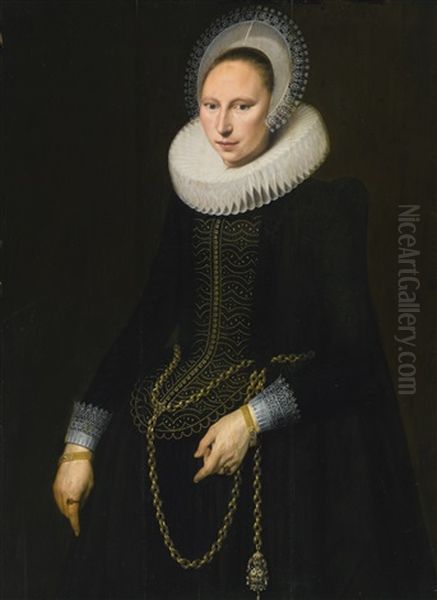 Portrait Of A Woman, Three Quarter Length, Wearing An Elaborate Lace Ruff, Cap And Cuffs Oil Painting by Cornelis van der Voort