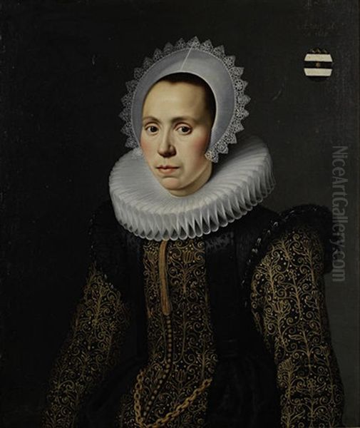 Portrait Of A Young Lady, A Member Of The Van Der Graeff Family (alida?), In A Black Silk Dress Embroidered With Gold And A White Lace Ruff And Headdress Oil Painting by Cornelis van der Voort