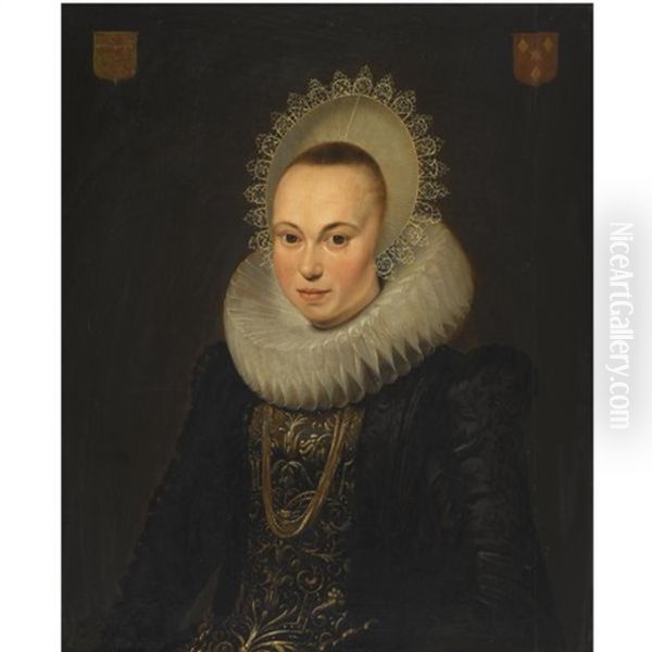 Portrait Of Justina Van Teylingen, Half Length, Wearing A Richly Embroidered Dress And A White Ruff Oil Painting by Cornelis van der Voort