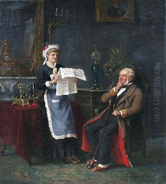 A Maid Reading The Paper (+ A Maid And Her Mistress; Pair) Oil Painting by Fran Anthony van der Voort