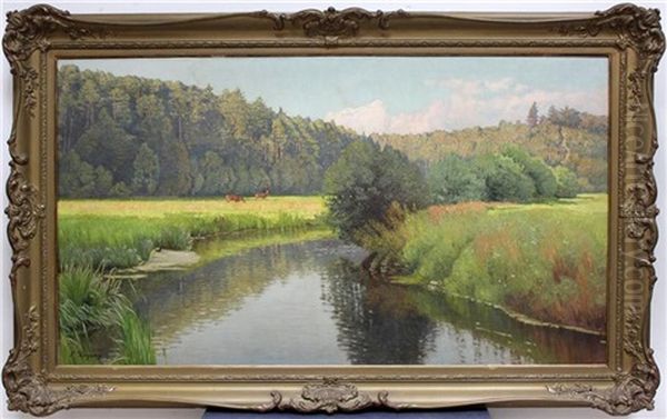 Mecklenburgische Landschaft Mit Kiefern Und Rehen An Flusslauf Oil Painting by Paul Vorgang