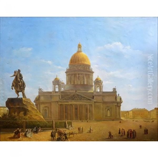 St. Isaac's Cathedral And Monument To Peter I Oil Painting by Maksim Nikiforovich Vorobiev