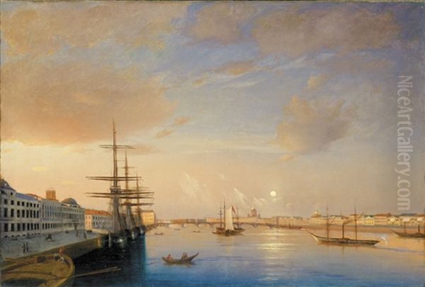 View Of Blagoveschensky Bridge And St. Petersburg Embankment Oil Painting by Maksim Nikiforovich Vorobiev