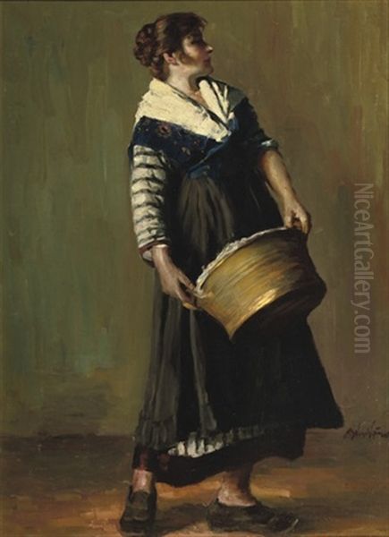 A Laundry Woman Oil Painting by Ernoe (Ernest) Voeroes von Bel