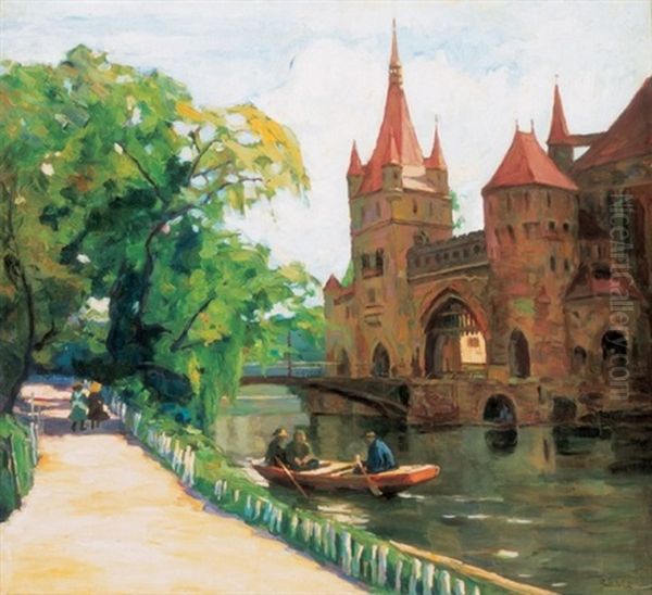 Boating On The Lake Of The City Park Oil Painting by Ernoe (Ernest) Voeroes von Bel