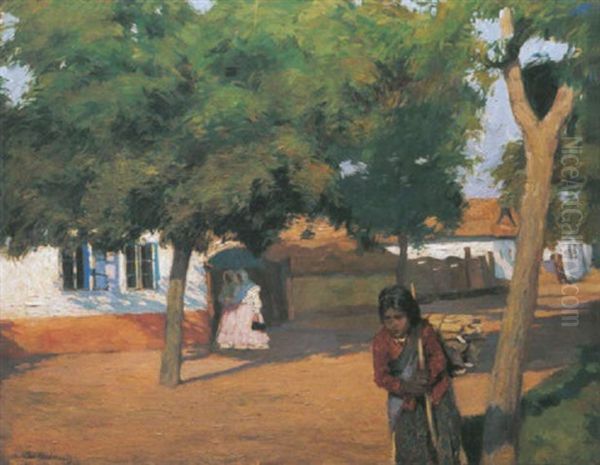 Napsuteses Utca (sunny Street) Oil Painting by Ernoe (Ernest) Voeroes von Bel