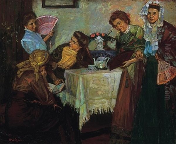 Delutani Tea Oil Painting by Ernoe (Ernest) Voeroes von Bel