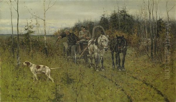 Hunting Scene Oil Painting by Sergei Semyonovich Voroshilov