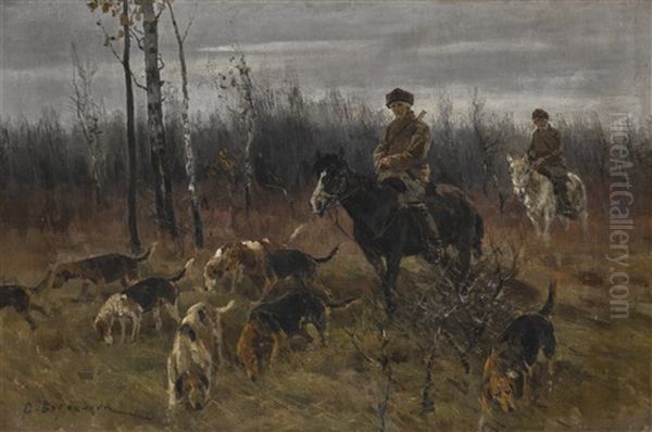 Hunting Scene Oil Painting by Sergei Semyonovich Voroshilov