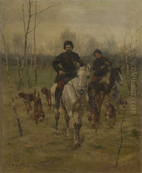 Hunting Scene Oil Painting by Sergei Semyonovich Voroshilov