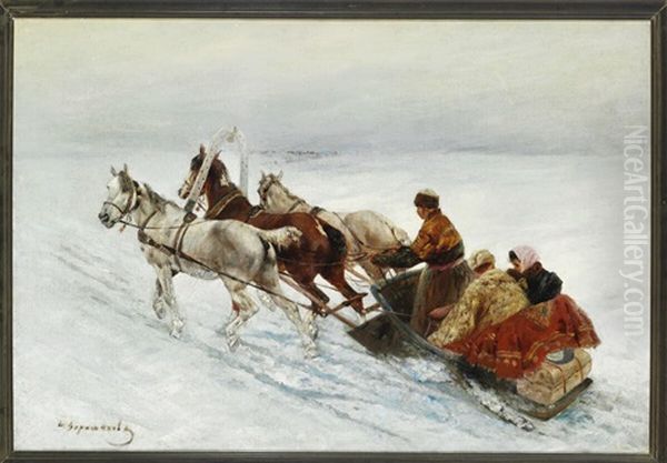 Troika Ride At Winter In Russia Oil Painting by Sergei Semyonovich Voroshilov