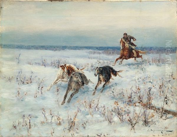 Jagd In Der Winterlichen Steppe Oil Painting by Sergei Semyonovich Voroshilov