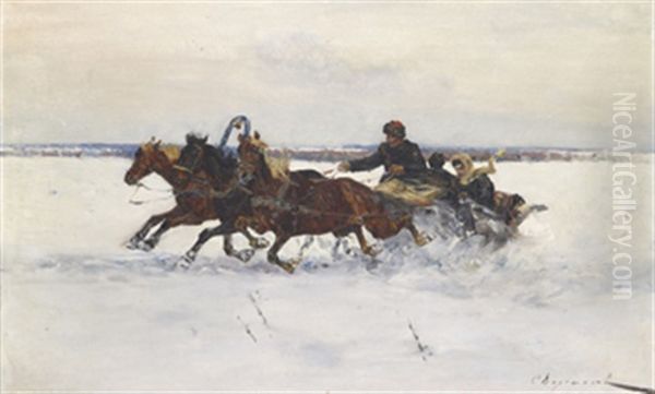 Through The Snow Oil Painting by Sergei Semyonovich Voroshilov